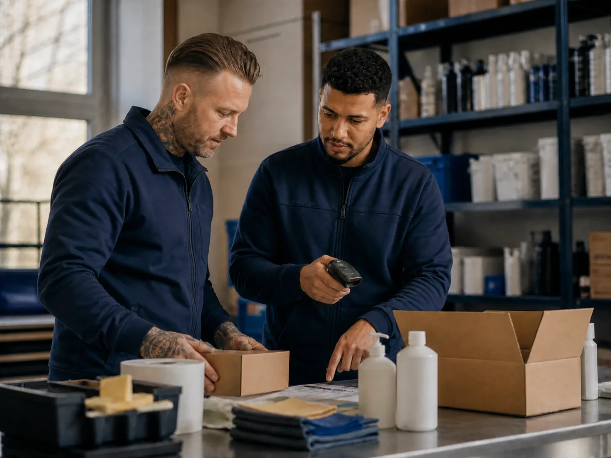 Twee medewerkers controleren samen een bestelling in het magazijn